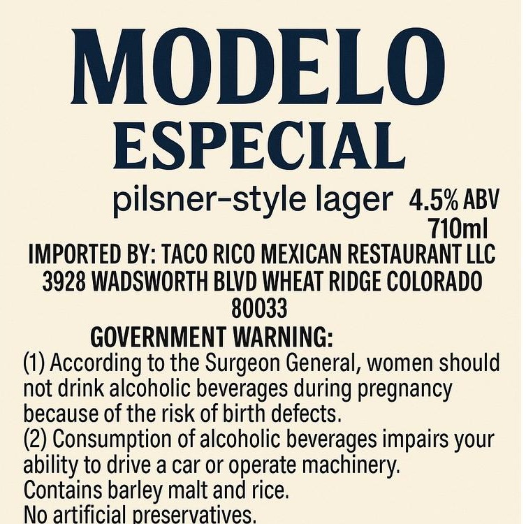 Front label artwork for MODELO ESPECIAL